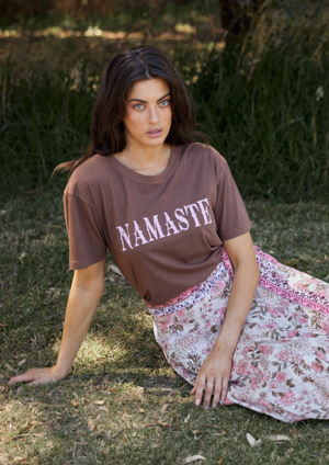 Namaste Relaxed Tee - Cocoa, by Talisman ROUND NECK TEE WITH NECK BAND DROPPED SHOULDER SHORT, BOXY SLEEVE RELAXED FIT HIP LENGTH SCREEN PRINTED GRAPHIC ORGANIC COTTON