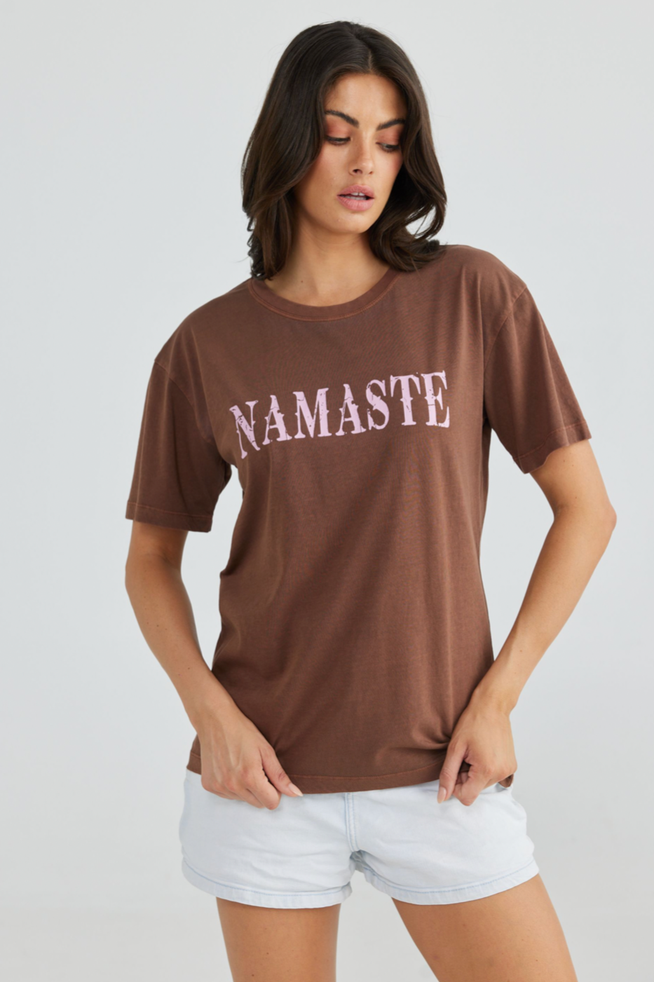 Namaste Relaxed Tee - Cocoa, by Talisman ROUND NECK TEE WITH NECK BAND DROPPED SHOULDER SHORT, BOXY SLEEVE RELAXED FIT HIP LENGTH SCREEN PRINTED GRAPHIC ORGANIC COTTON