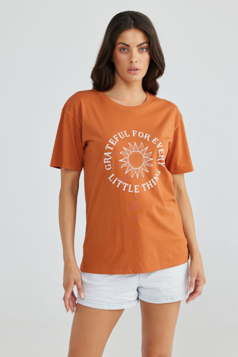 Grateful Relaxed Tee - Caramel, by Talisman ROUND NECK TEE WITH NECK BAND DROPPED SHOULDER SHORT, BOXY SLEEVE RELAXED FIT HIP LENGTH SCREEN PRINTED GRAPHIC ORGANIC COTTON