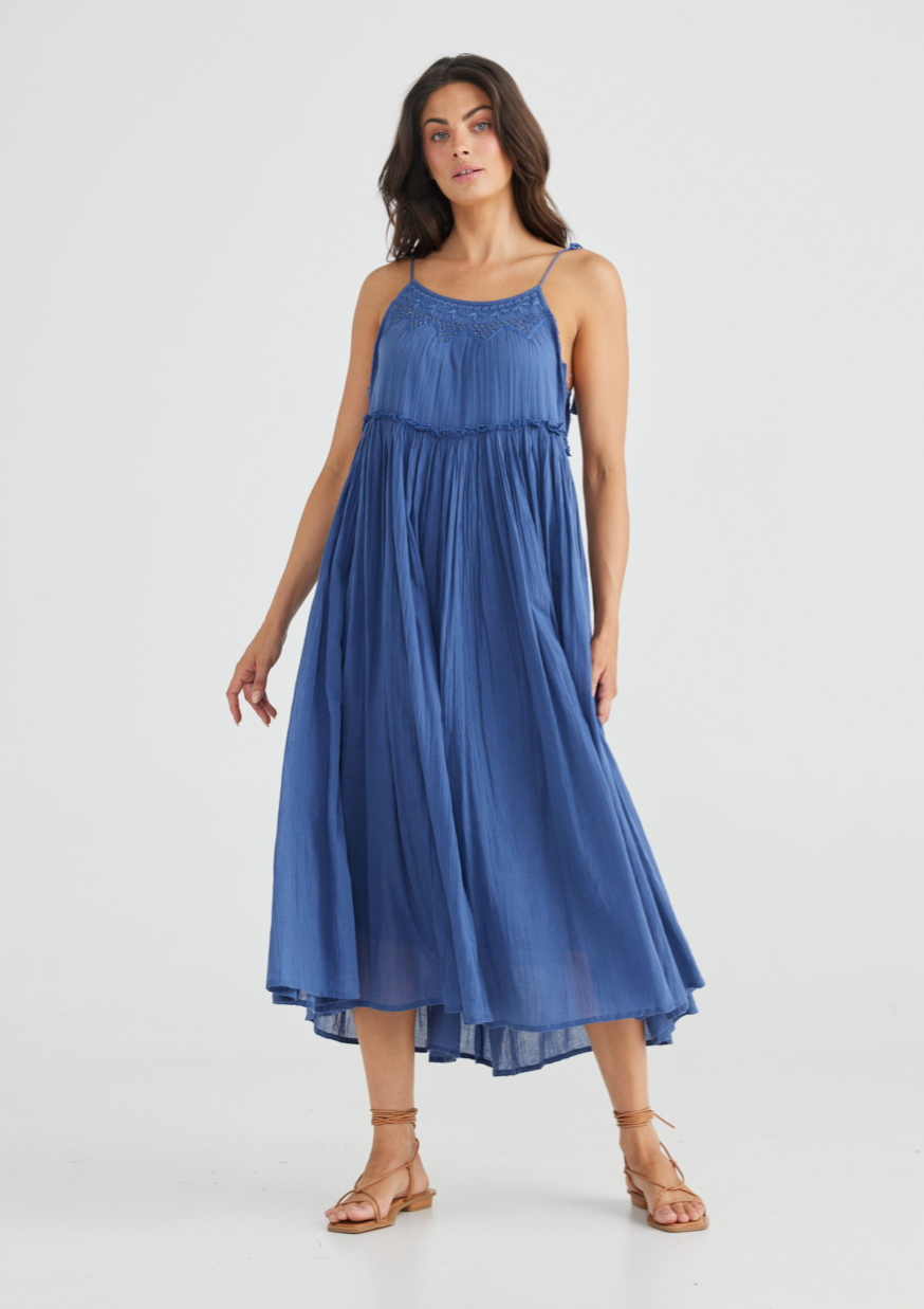 Raja Dress - Sea Blue, by Talisman  • ADJUSTABLE TIE STRAPS WITH TASSEL DETAILS • RELAXED FIT • EMBROIDERED AND BEAD DESIGN ON BODICE • FULL GATHERED SKIRT • MIDI LENGTH