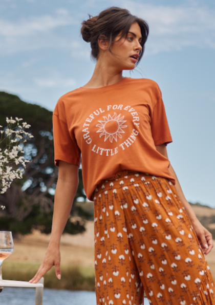 Grateful Relaxed Tee - Caramel, by Talisman ROUND NECK TEE WITH NECK BAND DROPPED SHOULDER SHORT, BOXY SLEEVE RELAXED FIT HIP LENGTH SCREEN PRINTED GRAPHIC ORGANIC COTTON