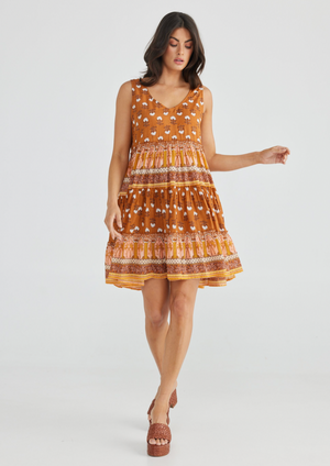Lucky Charm Dress - Rada Spice, by Talisman  • DEEP V NECKLINE • RELAXED FIT • GATHERED TIERED DESIGN • KNEE LENGTH