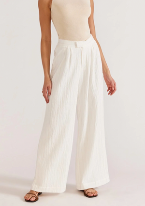 Maya Wide Leg Pants - White/Beige, by Staple The Label -Wide leg pant in textured pinstriped fabric -Placket front with hidden closure -Elasticated in back - Functional back pockets - Designed in Sydney, Australia