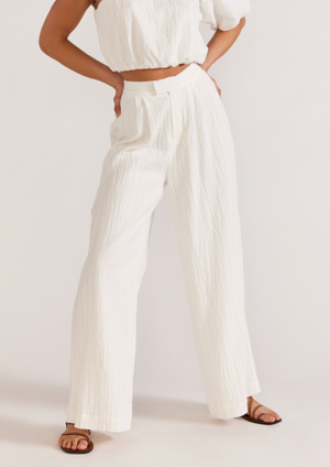 Maya Wide Leg Pants - White/Beige, by Staple The Label -Wide leg pant in textured pinstriped fabric -Placket front with hidden closure -Elasticated in back - Functional back pockets - Designed in Sydney, Australia