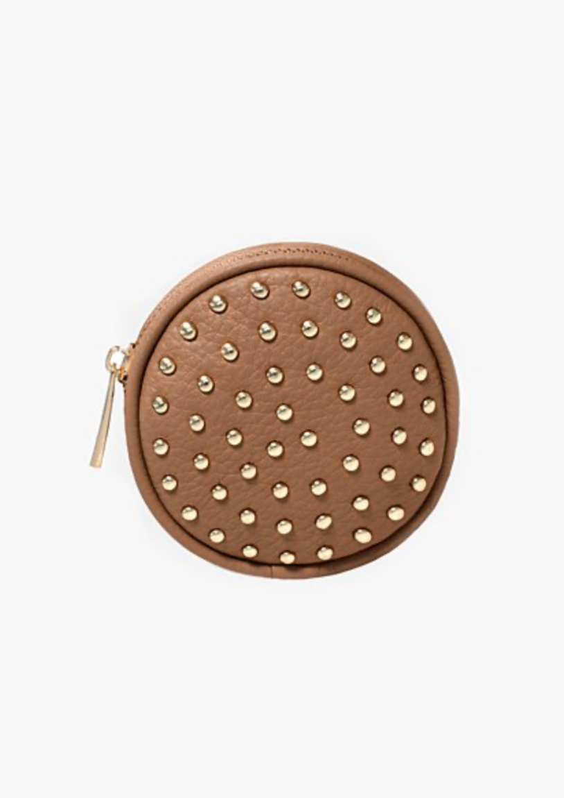 Poppy Stud Pouch - Tan, by Antler Gold Toned Hardware.  High Grade Vegan Leather with Gold Dome Front.  10 (cm) diameter