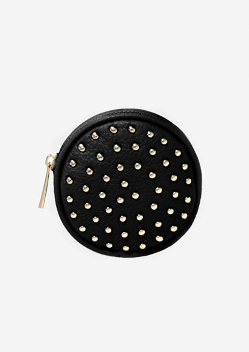 Poppy Stud Pouch - Black, by Antler Gold Toned Hardware.  High Grade Vegan Leather with Gold Dome Front.  10 (cm) diameter