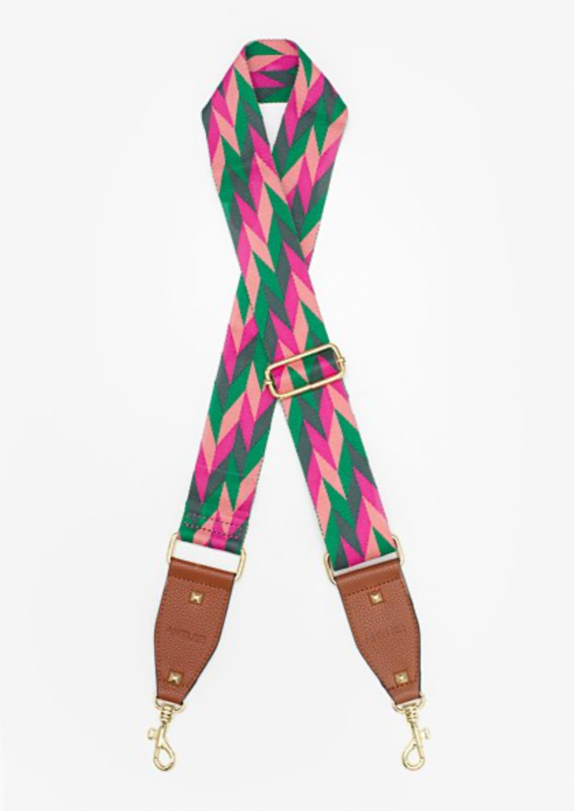 Antler Bag Strap - Pink & Green Chevron A sensational way to modernise an old handbag, or add a contemporary design twist to a plain outfit.  Featuring a bright chevron print, 5cm width, gold hardware and studs, and tan vegan leather ends.  You'll be wanting more than one!