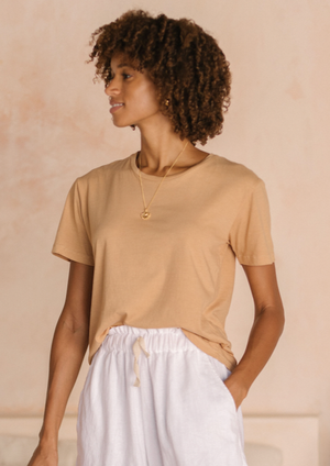Organic Cotton Classic Tee - Cinnamon, by Luna & Rose A Classic everyday T-Shirt style made from Soft hand-feel Organic Cotton and dyed with Organic Plant Dyes. The sleeves can be worn down or rolled up to style. Simple 1cm rib neckline with a straight hem-line. Available in a variety of colour ways to mix & match with your favourite pieces from our plant-dyed Easy on the Earth Apparel collection.   Our Cinnamon Colour way has been created with our organic Plant dyes.