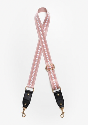 Antler Thin Bag Strap - White V on Blush A sensational way to modernise an old handbag, or add a contemporary design twist to a plain outfit.  Featuring white V design on Blush, gold hardware and studs, 3.8 cm width, adjustable length, and black vegan leather ends.  These also make very low slung cool belts.  You'll be wanting more than one!