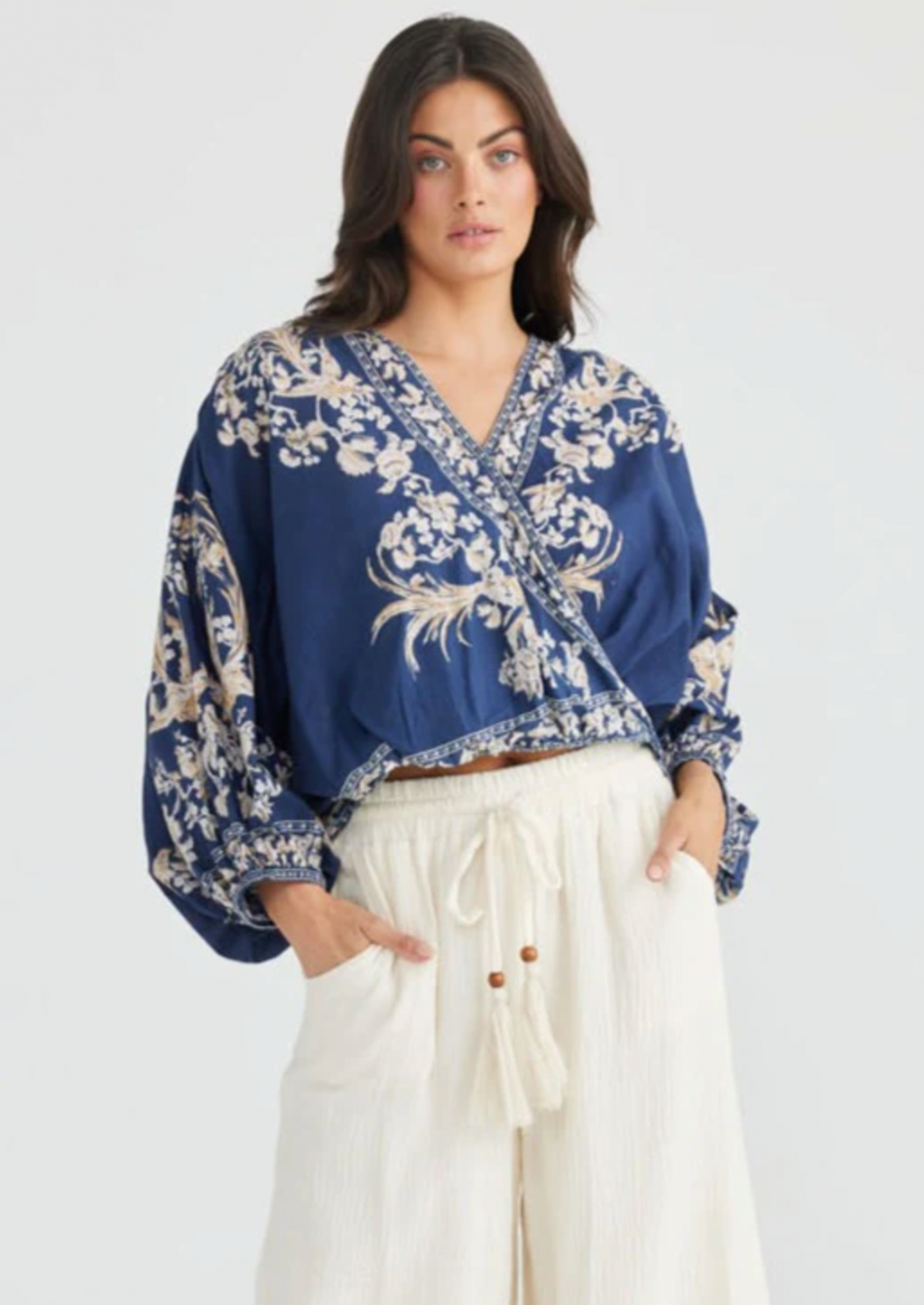 Kandy Top - Empress Indigo, by Talisman • CROSS OVER FRONT • OVERSIZED FIT • EXAGGERATED BATWING SLEEVE WITH ELASTIC CUFF •GATHERED BACK YOKE FEATURE • ELASTIC FRONT WAIST