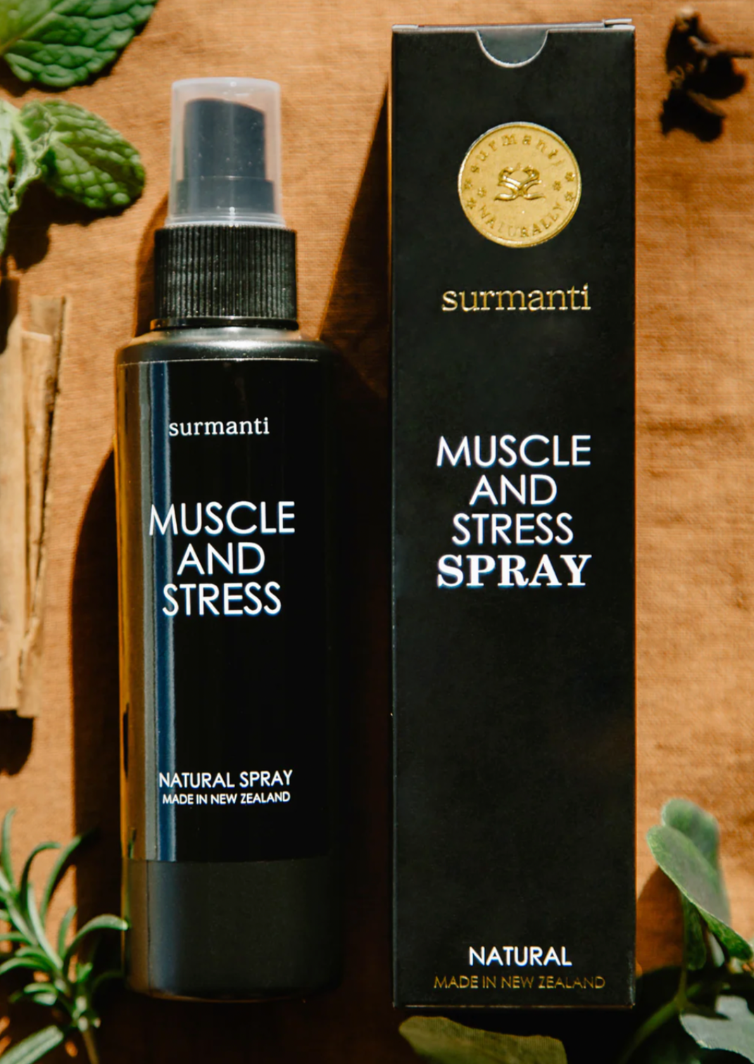 Surmanti MUSCLE & STRESS SPRAY - 30ml An anti-inflammatory muscle pain relief spray. This highly effective formula packed with deeply penetrating essential oils is one of our best-selling products at Surmanti.  Spray directly onto sore aching muscles and enjoy the warm tingling sensation, as tightness, tension, pressure, and fatigue are released from your body.  Make health and wellbeing a priority by indulging in the euphoric aroma of our Muscle & Stress Spray.