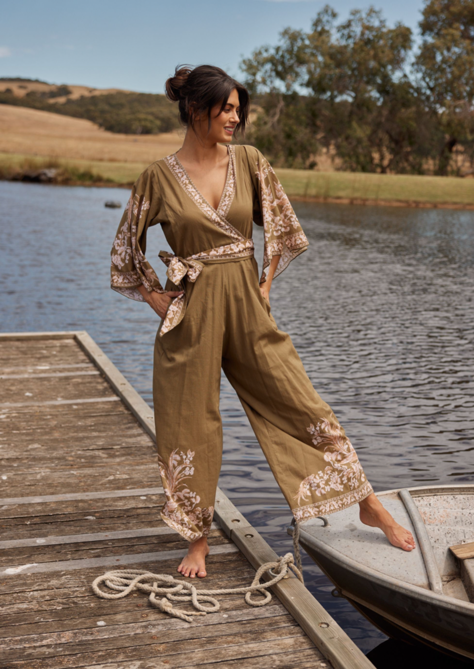 Aphrodite Pantsuit - Empress Olive, by Talisman  • CROSS-OVER FRONT • FLARED SLEEVE • BACK NECK TIE • WIDE LEG WITH SIDE SPLITS • ELASTICATED BACK WAIST