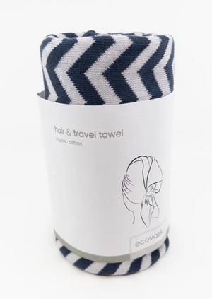 Ecovask Hair and Travel Towel - Navy Nimbus Introducing Ecovask's Organic Cotton Hair & Travel Towel – the ultimate essential for long, thick hair!  Say goodbye to bulky bath towels and nasty micro fiber towels.  While microfibre towels are known for their absorbency and quick drying nature, their synthetic fibres are not great for hair as they can generate static electricity leading to frizzy and fly away hair. 
