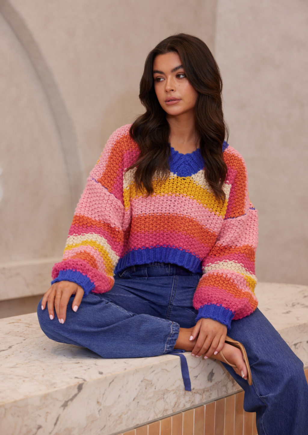 <h3 class="p1" data-mce-fragment="1">Francie Knit - Multi, by Daisy Says</h3> <p><strong>Details:</strong></p> <p>V shaped neckline</p> <p>Boxy fit</p> <p>Crop length</p> <p>Long sleeve</p>