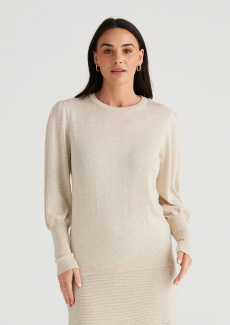 Dominica Knit Top - Natural Metallic, by Brave + True Details: Crew neck long sleeve knit. Deep fitted cuff with balloon sleeve. Fine rib hem. Metallic yarn fabrication.