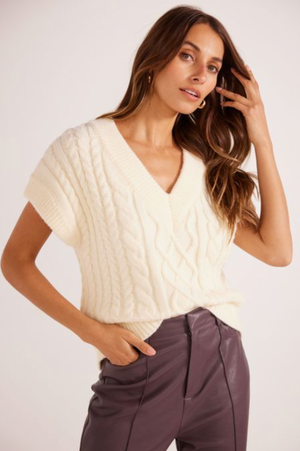 <h3>Ester Knit Vest - Ivory, by Minkpink</h3> <p>The Esther Cable Knit Vest by MINKPINK features a relaxed fit, perfect to throw on for a cozy look. Wear yours with the new-in Yelena PU Pants to complete the look.- V neckline<br>- Cable knit design<br>- Upper arm coverage <br>- Ribbed hemline</p>