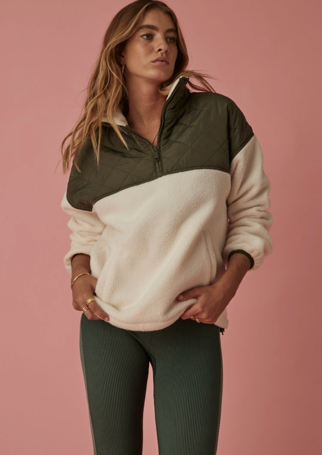 <h3>Aster Pullover - Natural, by The Upside</h3> <p><strong>Cosy up in this seasons quilted Aster Pullover.</strong></p> <ul> <li>Relaxed pullover style with raglan sleeves</li> <li>Featuring quilted khaki shoulder</li> <li>Recycled warm fleece fabrication</li> <li>Quarter zip through with zip pockets</li> </ul>