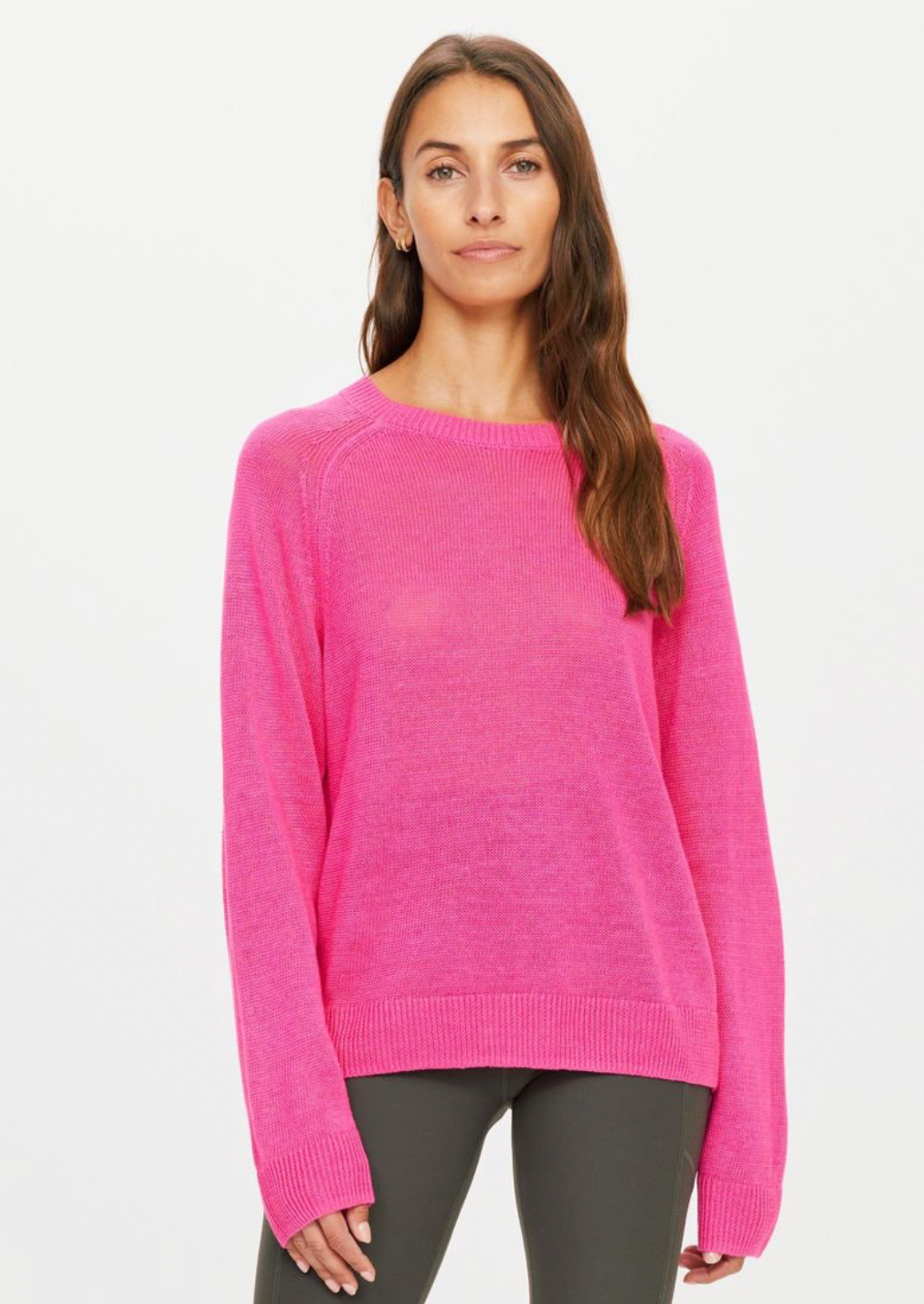 Sirena Knit Sweater - Hot Pink, by The Upside. Spice up this seasons wardrobe with the Sirena Knit. Light-Mid weight, relaxed fit knit sweater in Hot Pink. Crew neck. Raglan sleeve. 100% Organic Cotton composition