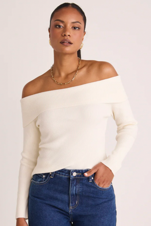 Sasha Knit Top - Winter White, by Among The Brave  Details  The Sasha off-the-shoulder top from Among the Brave is made in an ultra soft rib knit making this top perfect for the cooler months. Designed for comfort without compromising style this rib knit will be your new staple.