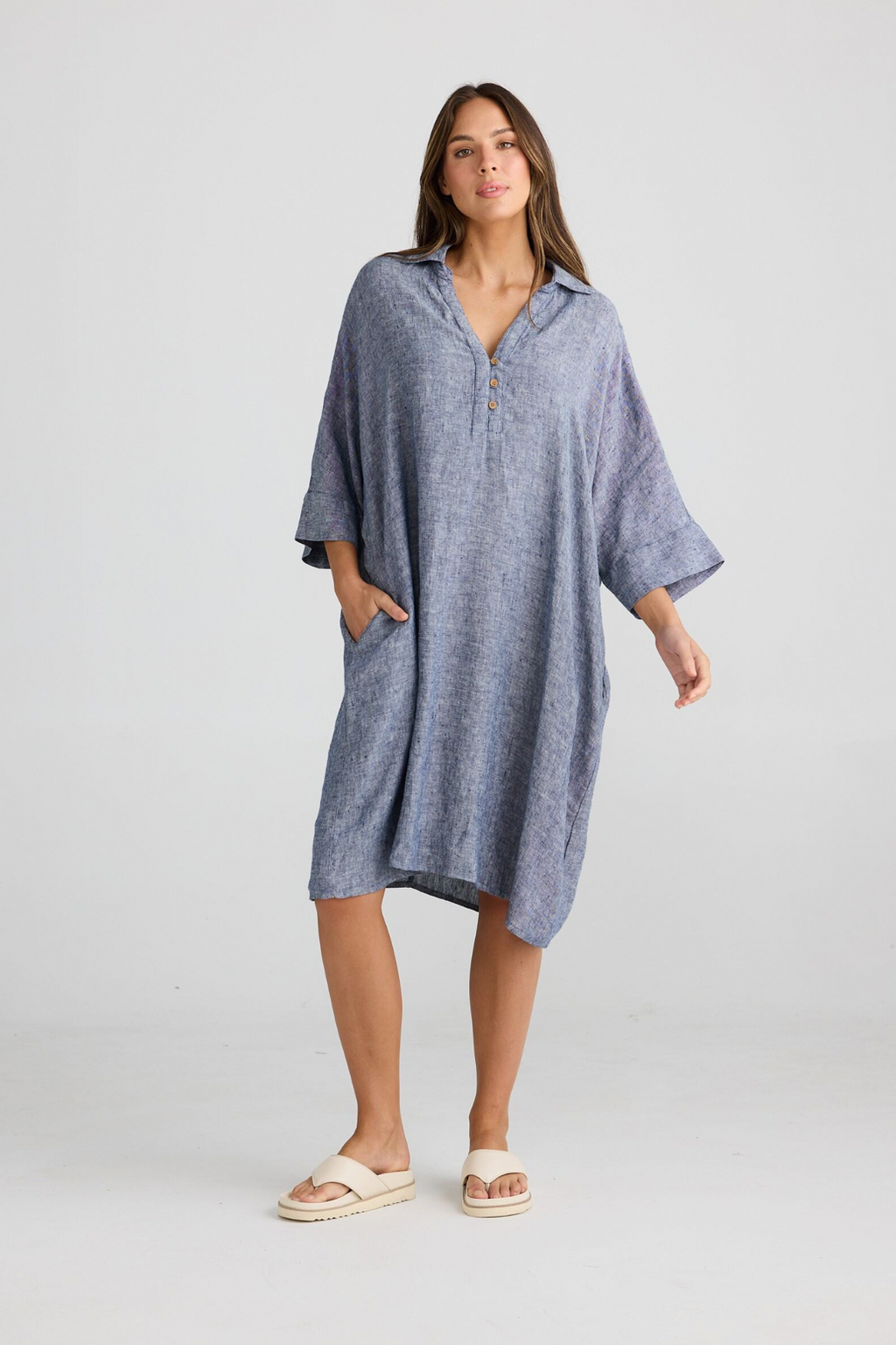 Casablanca Tunic - Navy Fleck, by Shanty Corp.  Oversized fit  Two-piece collar  Front button detail  Grown on sleeve