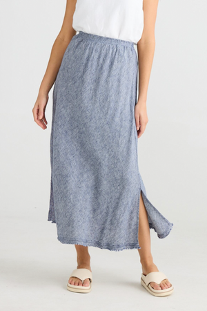 Sicily Skirt - Navy Fleck, by Shanty Corp.  Ankle length  Cut on the bias to create a beautiful drape  Elasticated waistband  Side splits  Raw edge trim