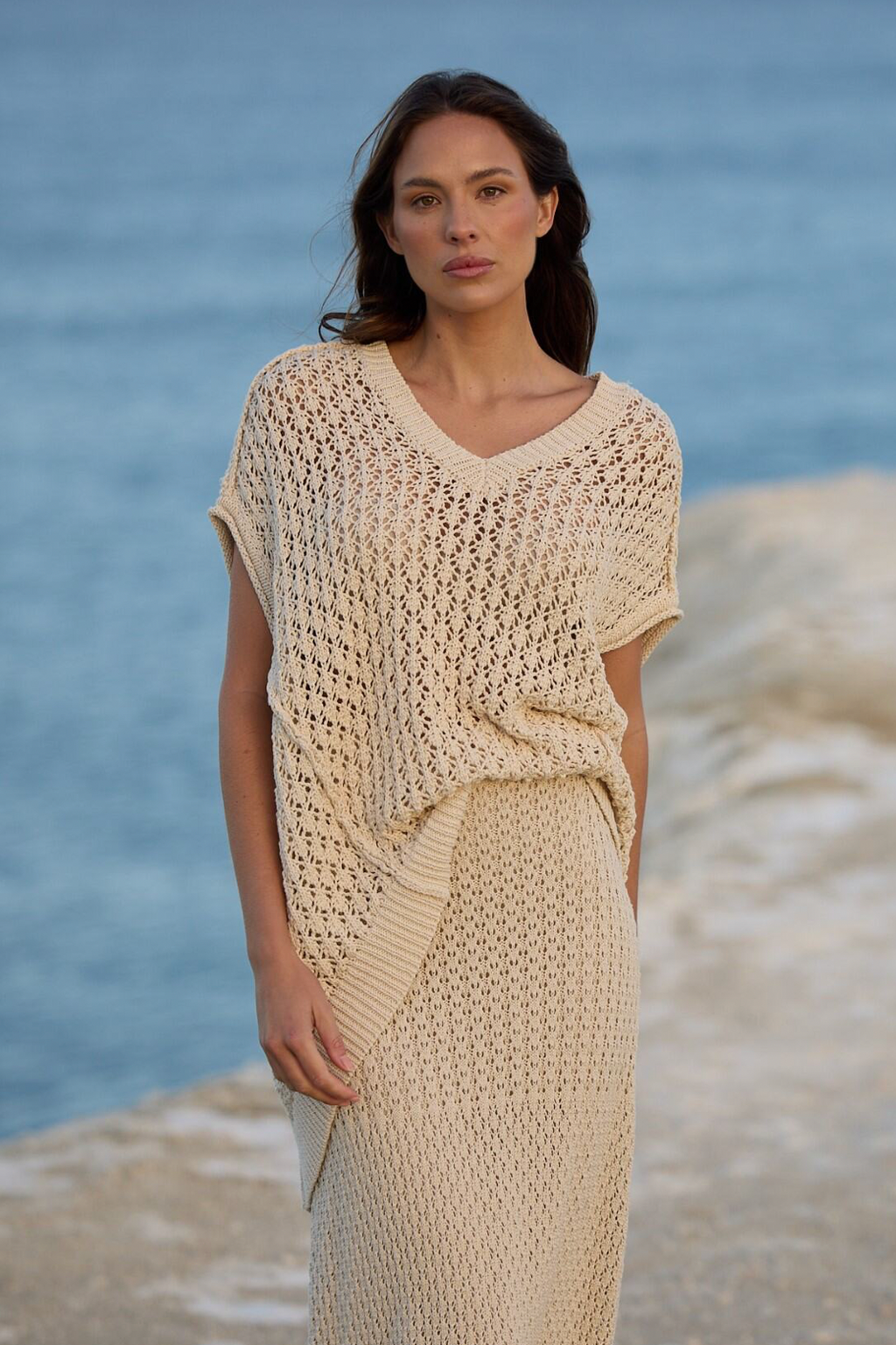 Kasbah Top - Natural Crochet, by Shanty Corp.  Relaxed fit  V style neckline  Grown on short sleeve  Hi-lo hem