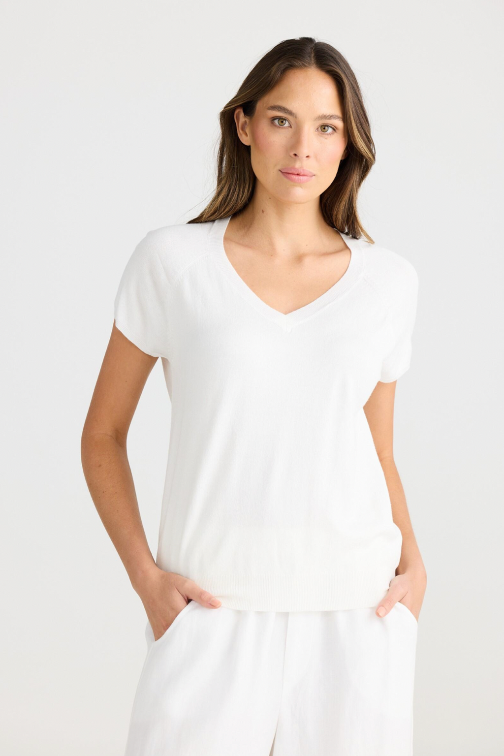 Porta Knit - White, by Shanty Corp. Soft V-shaped neckline Classic fit&nbsp; Raglan sleeve&nbsp; Ribbed hemline and sleeve cuffs