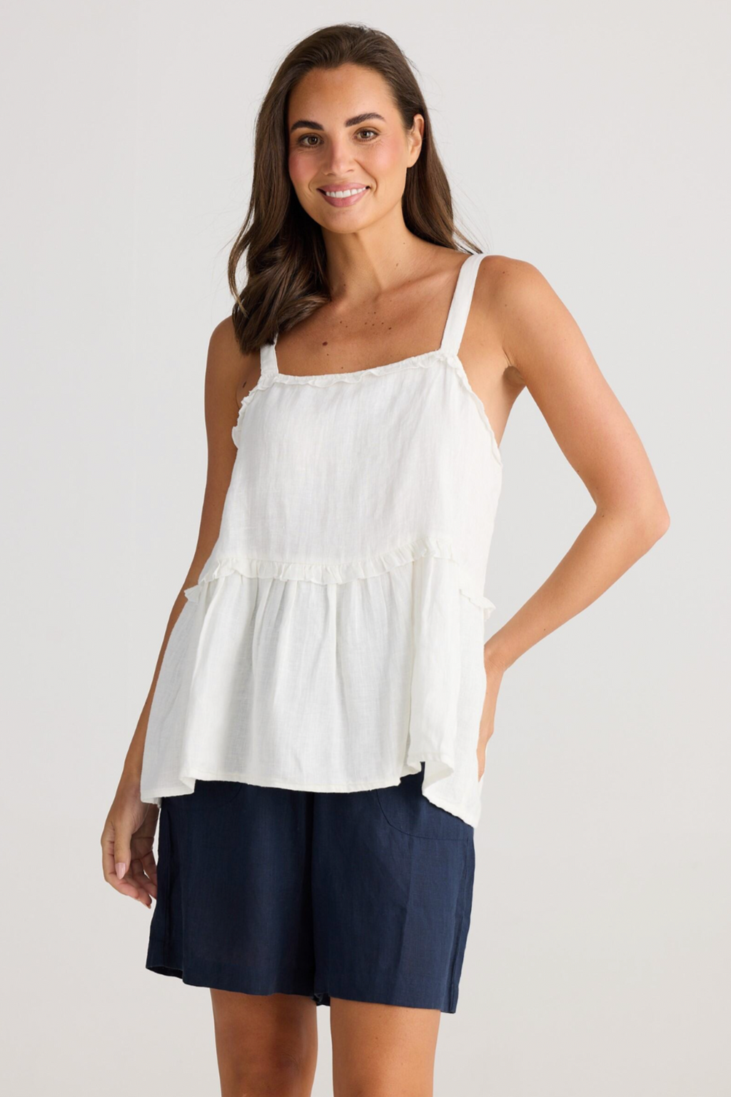 Alita Top - White Linen Gauze, by Holiday

Details:

Straight neckline

Adjustable straps

Elasticated back neckline for a secure fit

Fun ruffle trim on neckline and seams