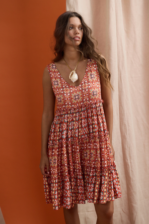 Lucky Charm Dress - Medina Spice, by Talisman

Details:

Deep V neckline

Relaxed fit

Gathered tiered design

Knee length