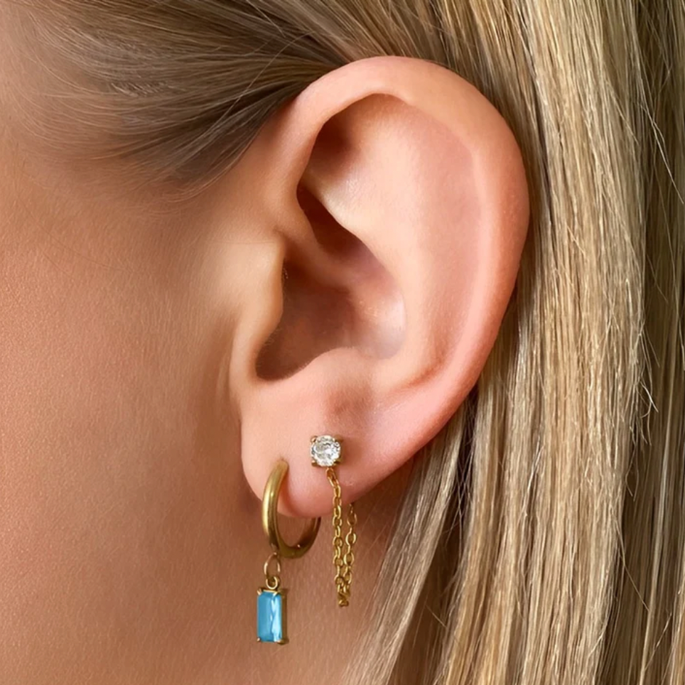 Luxe Drop Huggie Earrings - Gold/Aquamarine