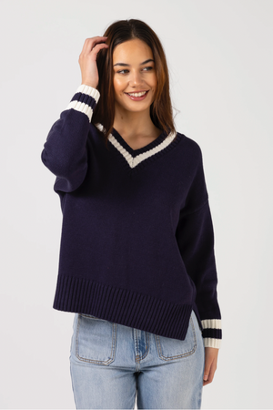 Jimmy Jumper - Navy, by Stella + Gemma

We love the Jimmy Jumper for a sporty but cosy weekend vibe with jeans.

Details:

V neck knit
Contrast stripe though neckline
Rib cuffs and hem
Side split detail
60% Cotton / 40% Acrylic&nbsp;
