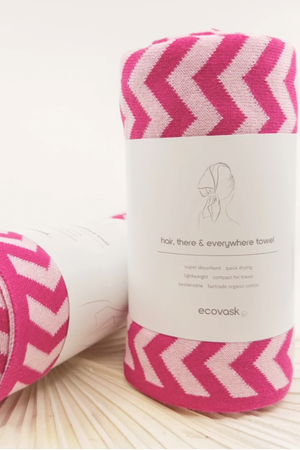 Hair &amp; Travel Towel - Pink Chevron, by Ecovask

For Hair, There &amp; Everywhere!

Introducing Ecovask's Organic Cotton Hair &amp; Travel Towel – the ultimate essential for drying your hair! &nbsp;Say goodbye to bulky bath towels and staticky microfiber turbans.