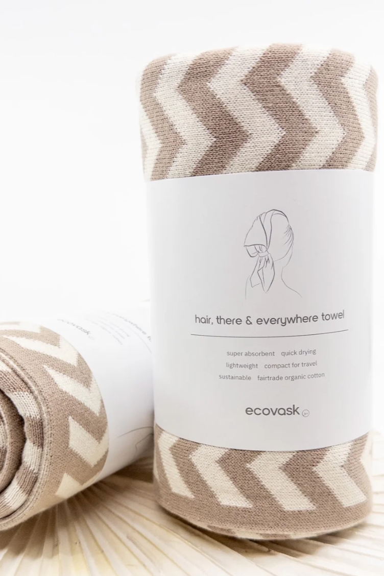 Hair &amp; Travel Towel - Hummus Chevron&nbsp;, by Ecovask

For Hair, There &amp; Everywhere!

Introducing Ecovask's Organic Cotton Hair &amp; Travel Towel – the ultimate essential for drying your hair! &nbsp;Say goodbye to bulky bath towels and staticky microfiber turbans.
