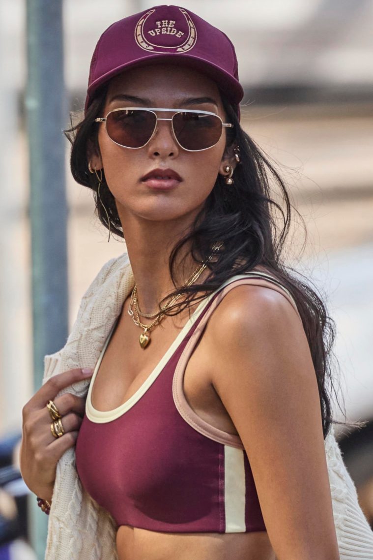 Cheval Trucker Hat - Bordeaux, by The Upside

A retro-inspired cap with structured shape and breathable mesh perfect for sun-soaked days.

Classic trucker hat in burgundy with foam front and mesh back
Adjustable snapper at back
Embroidered horseshoe and western logo at centre front
Please refer to studio images for accurate colour of garment