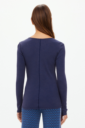 Ness Ribbed Long Sleeve Top - Washed Denim