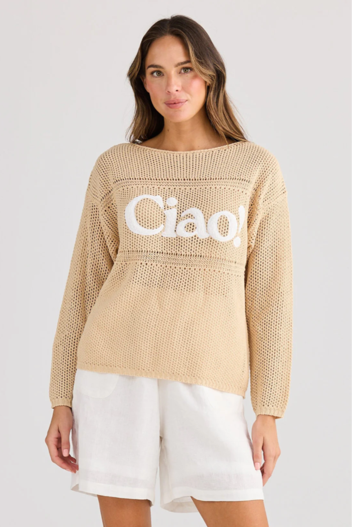 Caio Knit - Neutral/White, by Holiday
Crochet design

Round neckline
Drop shoulder
Hip length

Featured fleece applique text "Ciao"