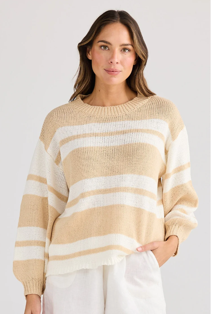 Sandwood Knit - Neutral Stripe, by Holiday
Striped knit

Long sleeve with ribbed cuff

Round neckline

Drop shoulder