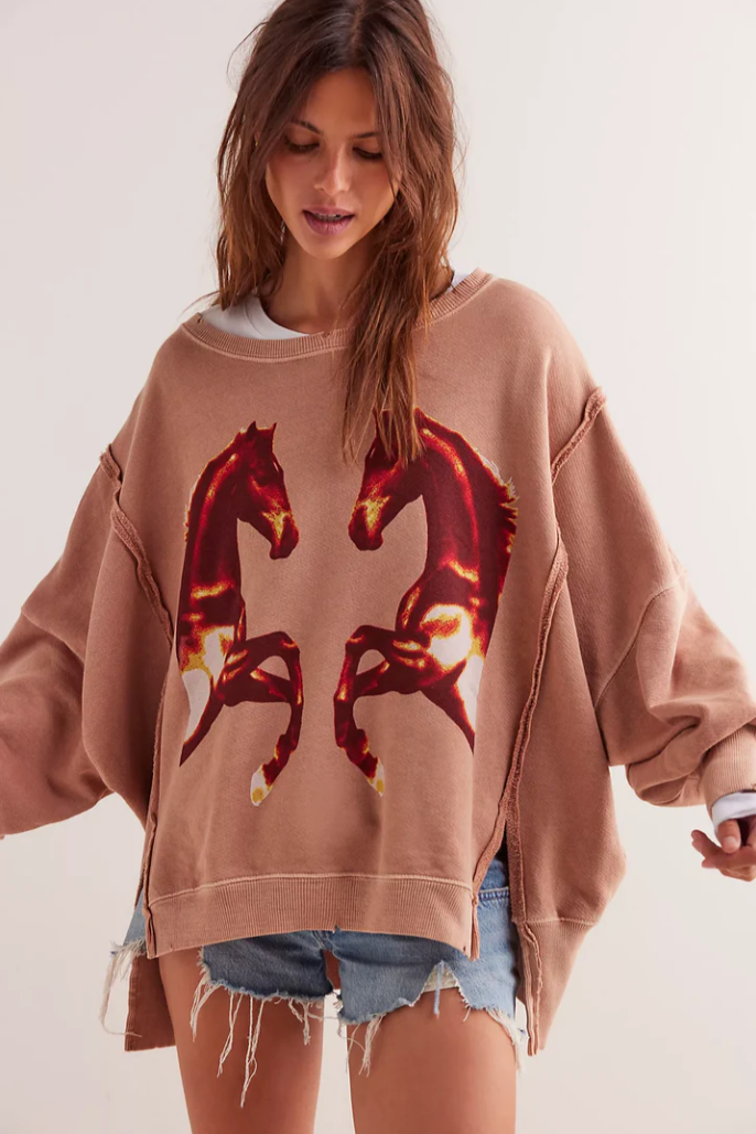 We The Free Graphic Camden Pullover - Mirrored Horses

Just as cool as it is classic, this goes-with-anything long sleeve tee is featured in a slouchy, relaxed fit with worn, varsity-inspired number graphic at front for a true lived-in look.

Features:&nbsp;Scoop neckline, dropped shoulders, side slits at bottom, ribbed hems, defined seaming

Why We Love It:&nbsp;Designed to take any look to the next level, this throw-on-and-go pullover is&nbsp;the&nbsp;perfect pick to pair with anything from classic denim 