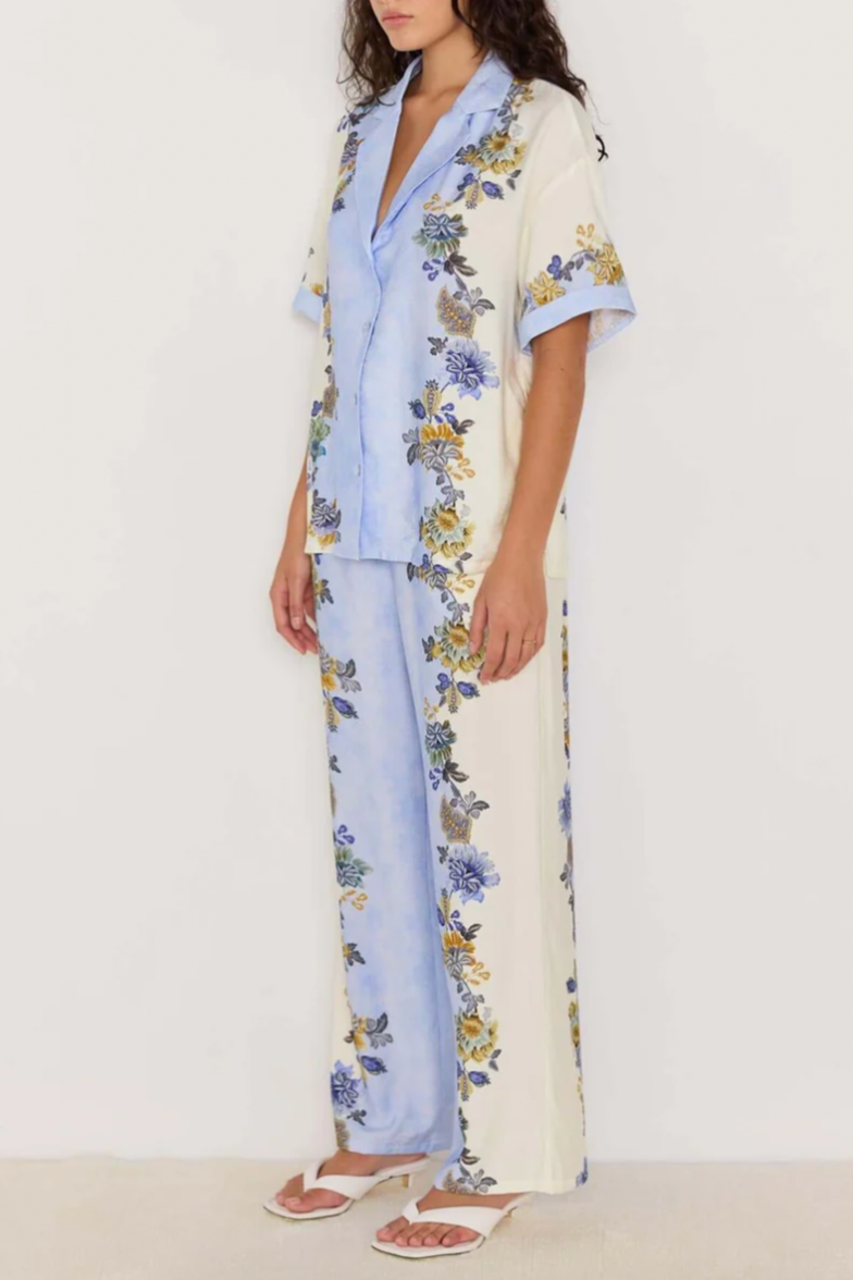 Lucia Floral Wide Leg Pants - Blue & Cream