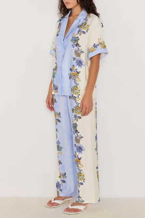 Lucia Floral Wide Leg Pants - Blue & Cream