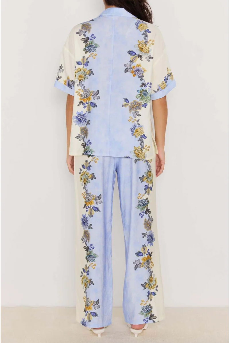 Lucia Floral Wide Leg Pants - Blue & Cream