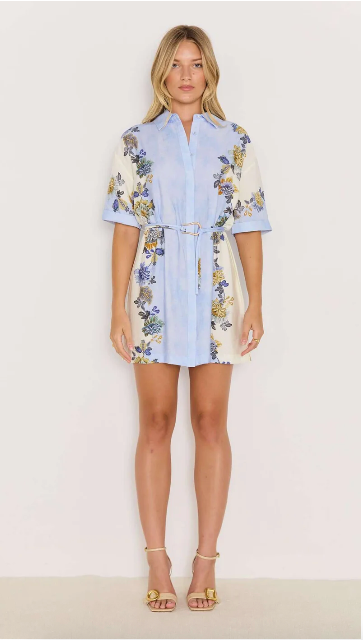 Lucia Mini Shirt Dress - Blue & Cream Floral
