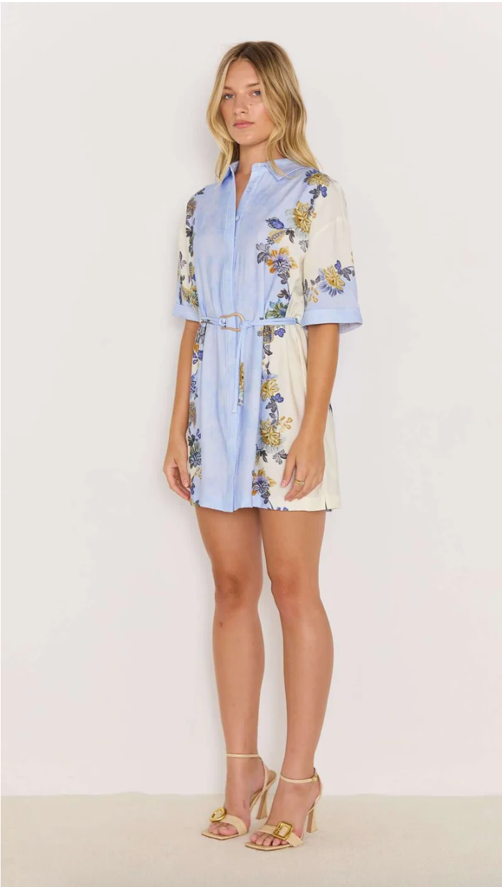 Lucia Mini Shirt Dress - Blue & Cream Floral