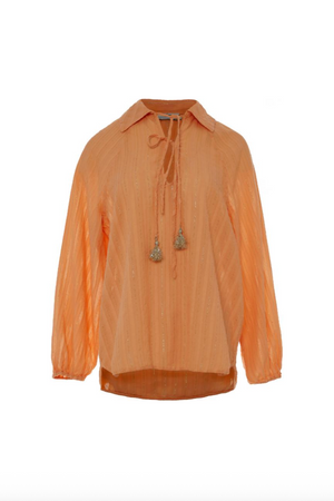 Magic Blouse - Dark Orange, by Devotion Twins

NOTE: Blouse does not have collar&nbsp;

lightweight cotton blouse
gold lurex thread detail and neck tie tassel
elasticated arm cuff
side split
hi lo hem
V-neck or high neck when tied