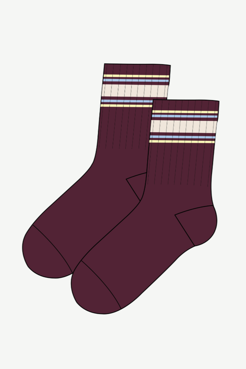 Adesa Grip Sock - Maroon, by The Upside

Designed for added style

Anti slip grip socks
Soft terry sole with butter coloured grips
Crew sock in maroon with cream, blue and butter Stripe