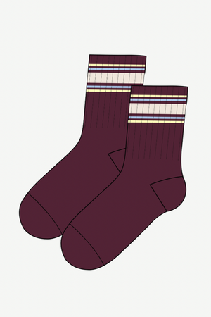 Adesa Grip Sock - Maroon, by The Upside

Designed for added style

Anti slip grip socks
Soft terry sole with butter coloured grips
Crew sock in maroon with cream, blue and butter Stripe