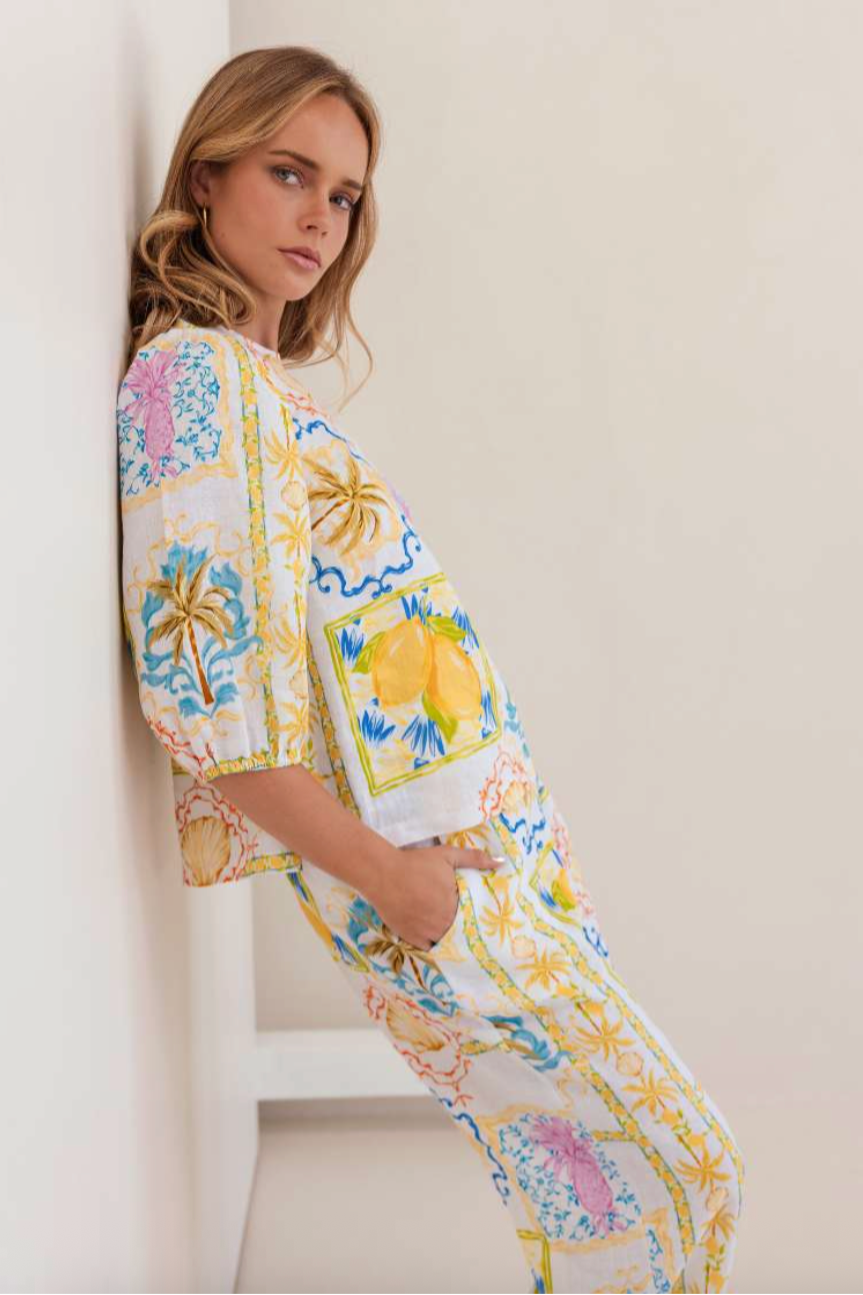 Linen 3/4 Sleeve Top - Amalfi Dreams