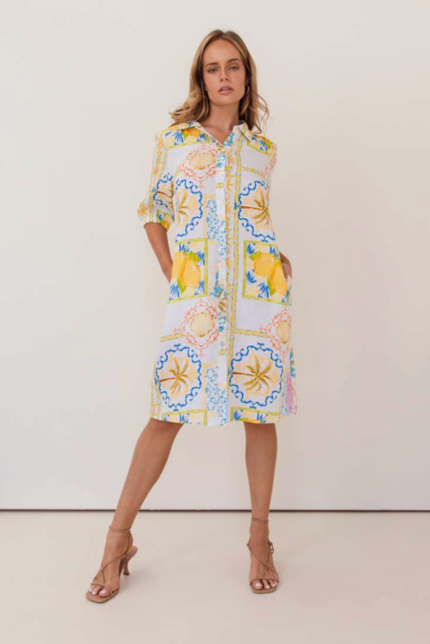 Shirtmaker Dress - Amalfi Dreams, by Kaleido

This 100% linen shirt dress by Kaleido is a summer party classic. With its collared neck, button down front and three quarter sleeves, you'll be the life of the party.