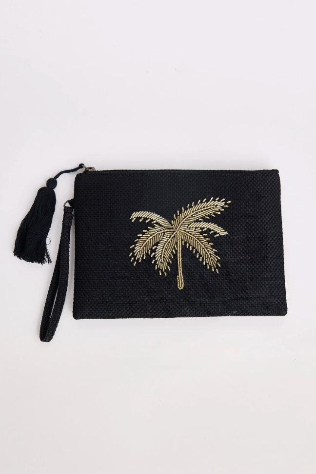 Disco Palm Clutch - Black, by Holiday
Classic rectangular shaped evening clutch
Fully lined
Lovingly handmade in India
Tassel feature

Fabrication:
Glass Beads / Jute