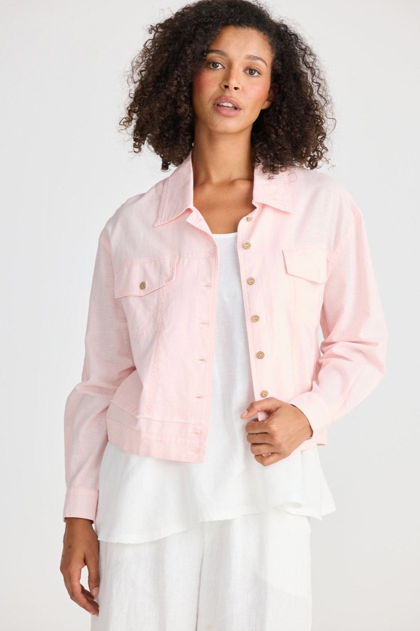 Roam Jacket - Pink, by Shanty Corp.
Structured, boxy fit

Front pockets

Raw edge feature on hem panel

Front and back yoke

Breathable cotton/linen construction